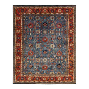 Floral Modern Serapi Style Wool Rug With Navy Blue Field