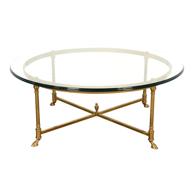 LaBarge Hollywood Regency Brass and Glass Hooved Feet Cocktail Table | Circa 1960s For Sale