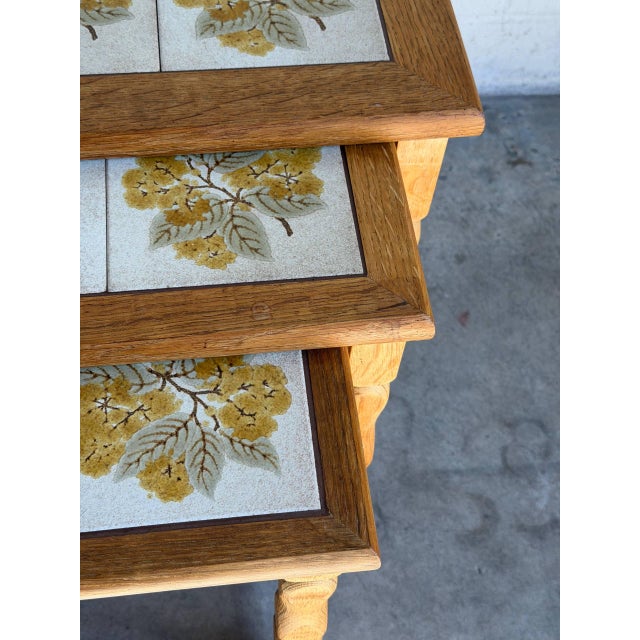 Brown Vintage Oak Tile Top Nesting Tables Set of 3 Denmark Mid-Century Modern 1970s For Sale - Image 8 of 9