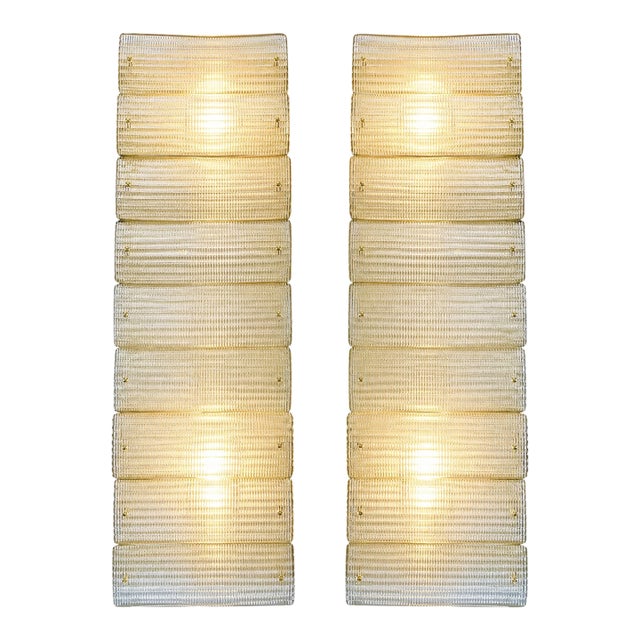 Elegant Italian Diamanté Murano Glass and Brass Flush Mount Wall Sconce Pair For Sale