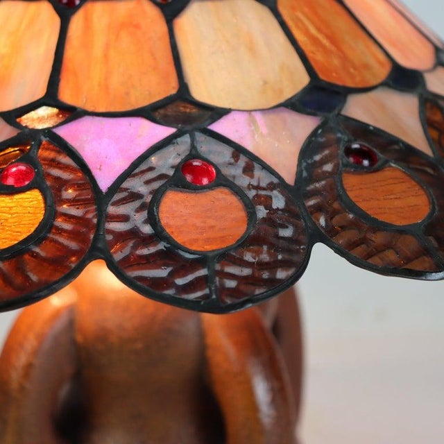 Glass Early 20th Century Arts & Crafts Leaded Stained Glass Table Lamp With Pottery Base For Sale - Image 7 of 13