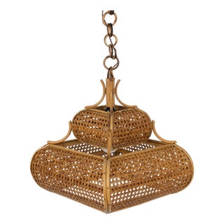Mid-Century Modern French Riviera Rattan and Wicker Pendant Light, 1960s For Sale
