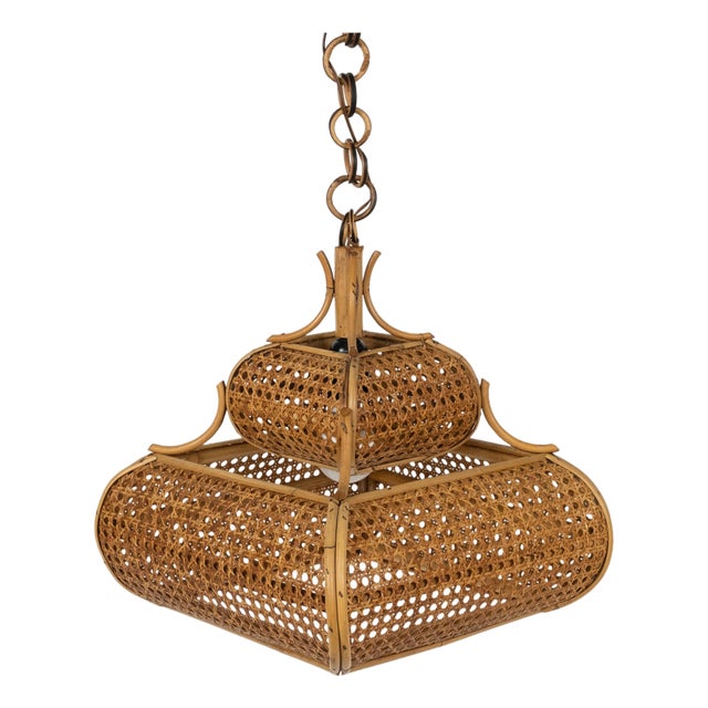 Mid-Century Modern French Riviera Rattan and Wicker Pendant Light, 1960s For Sale