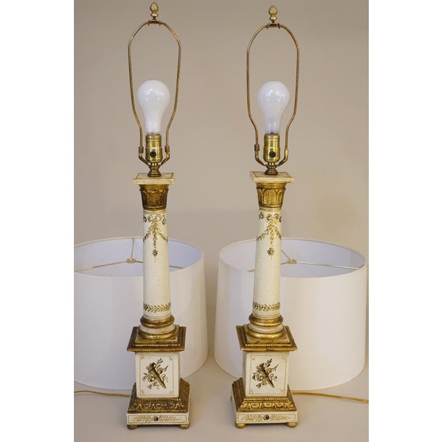 1930s Neoclassical Hand Painted Tole "Grand Tour" Tuscan Style Column Terra Cotta Pottery Wood Table Lamps - a Pair For Sale - Image 12 of 13