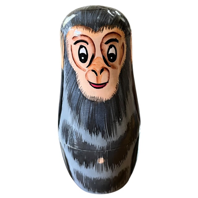 Pop Art Vintage Hand-Painted Three Wise Monkeys Nesting Dolls With Banana, Set of 5 For Sale - Image 3 of 8