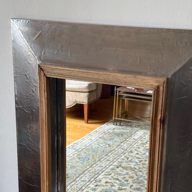 Vintage Large Farm House Mirror in Hammered Aluminum and Wood For Sale - Image 4 of 6
