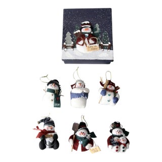 Vintage Felt Snowman Christmas Ornaments Set of 6 With Box For Sale