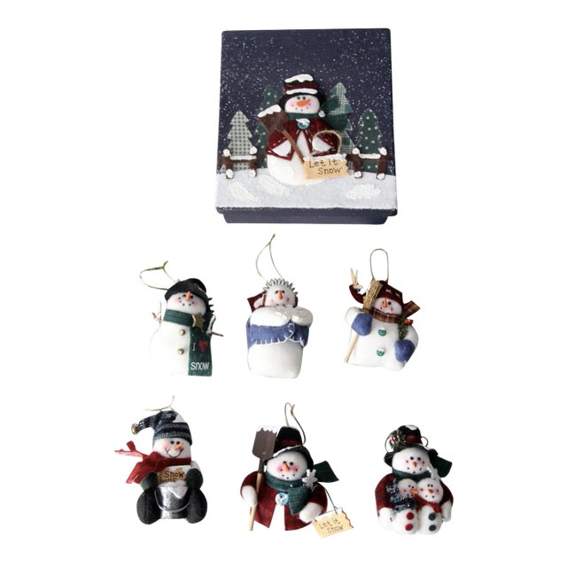 Vintage Felt Snowman Christmas Ornaments Set of 6 With Box For Sale