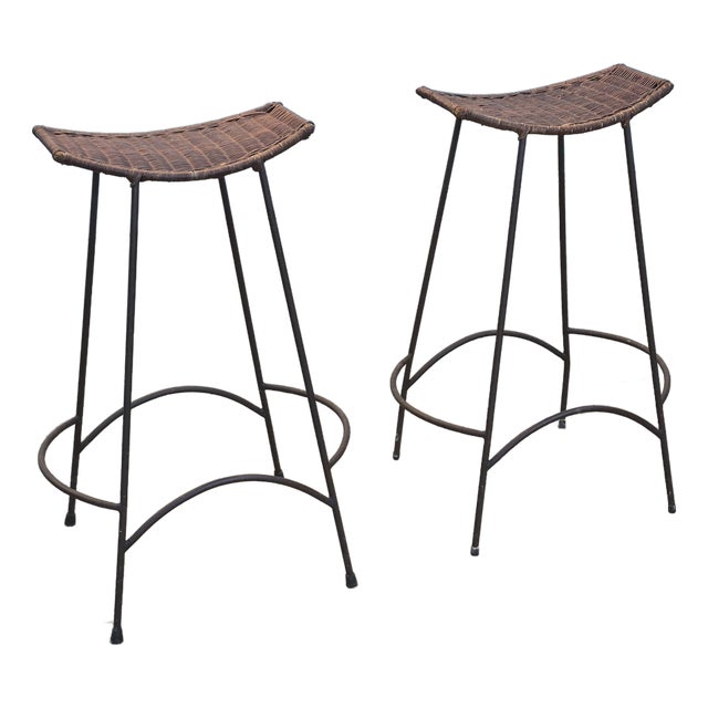 Mid Century Modern Woven Wicker Rattan & Black Iron Bar Stools - A Pair For Sale