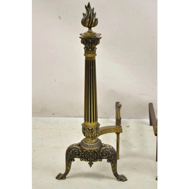 Traditional Antique French Empire Style Bronze Column Flame Finial Fireplace Andirons - Pair For Sale - Image 3 of 11