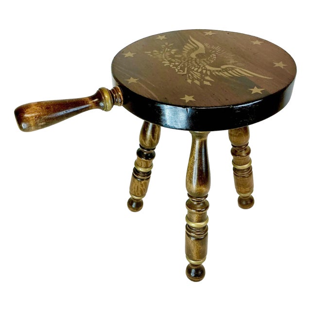 1950s Vintage Americana Rustic 3-Leg Wooden Stool With Handle, Eagle & Stars Motif. For Sale