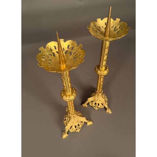 Bronze 19th Century French Pair of Gothic Style Dore Bronze Candelabras, Circa 1850 For Sale - Image 8 of 13