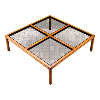 1970s Walnut & Smoked Glass Mid Century Modern Coffee Table For Sale