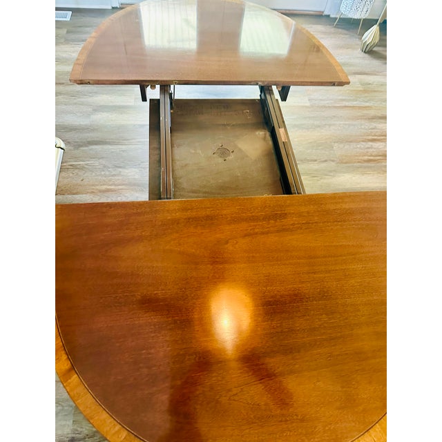 Vintage Banded Mahogany Double Pedestal Oval Dining Table With Extension Leaf For Sale - Image 9 of 12
