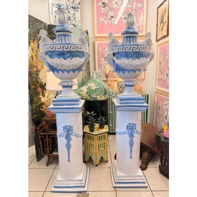 Pair of Vintage Monumental 79” Italian Blue & White Glazed Ceramic Lidded Urns on Pedestals For Sale In West Palm - Image 6 of 12