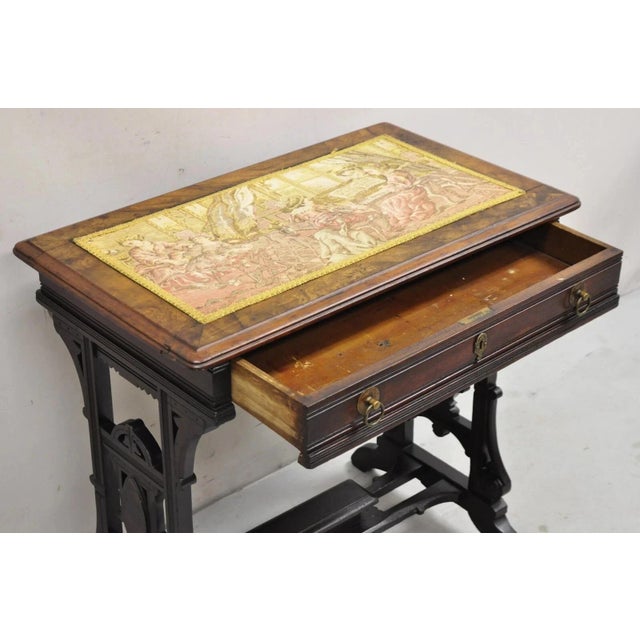 Antique Eastlake Victorian Carved Walnut Small Sewing Stand Tapestry Side Table For Sale - Image 9 of 12