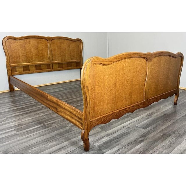 Brown Vintage French Louis XVI Style Oak Double Bed Frame with Carved Headboard For Sale - Image 8 of 12