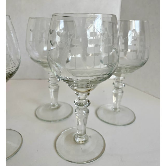 Traditional Vintage Etched Ship Schooner Decanter and Glasses Set of 6 For Sale - Image 3 of 13