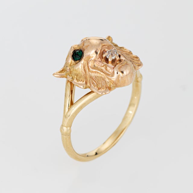 Originally an antique Victorian era stick pin (circa 1880s to 1900s), the lion ring is crafted in 10 karat yellow gold....