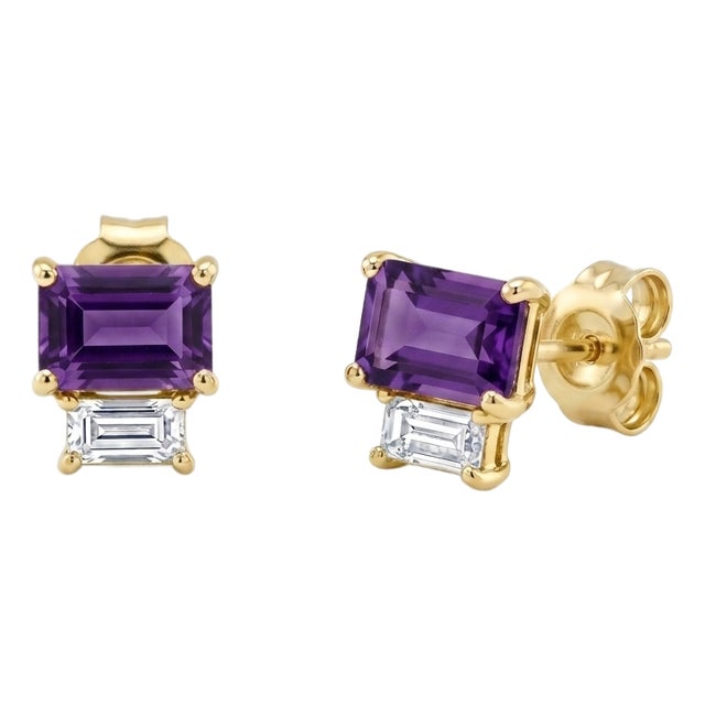 Amethyst Stud Earrings • Baguette Gemstone Geometric Studs • February Birthstone Gift for Her - A Pair For Sale