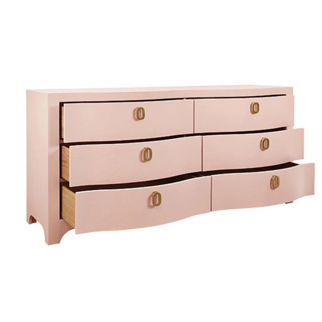 Worlds Away Matthew Izzo Home Rosie Pink Linen Six Drawer Chest For Sale - Image 4 of 8