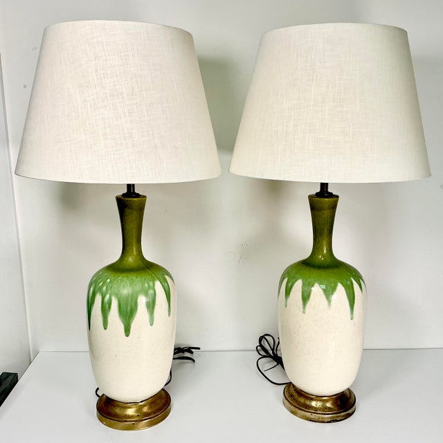 Mid-Century Boho Chic Vintage Ceramic Green Drip Table Lamps - A Pair For Sale - Image 11 of 18