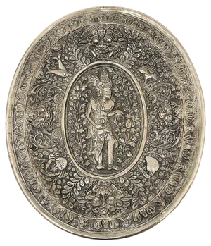 Balinese Yogya Silver Oval Dish with Scene of Indonesian God and Animals, 1890s