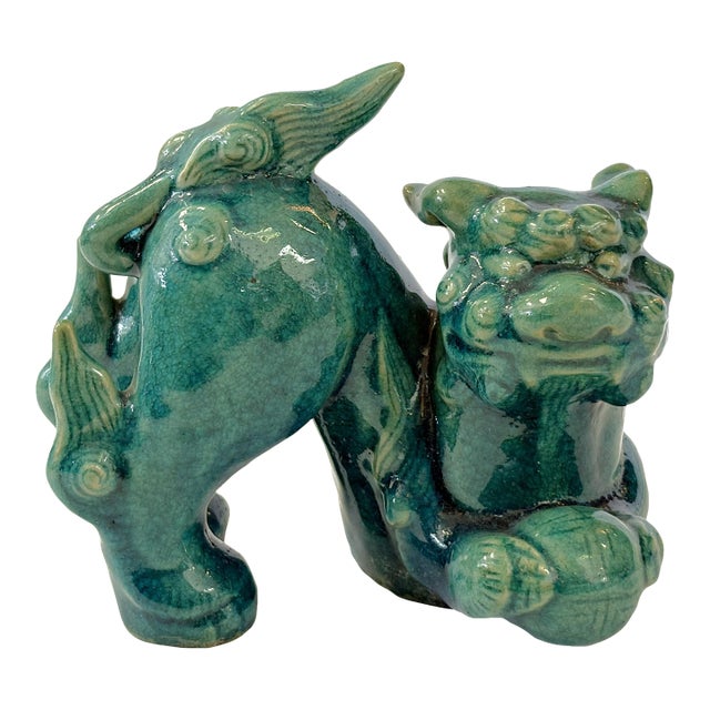 Vintage Turquoise Glazed Ceramic Yang Foo Dog For Sale