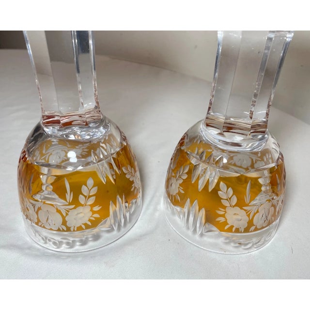 1950s Rare Pair Hand Cut to Clear Thick Stem Crystal Orange Glass Wine Goblet Glasses For Sale - Image 12 of 12