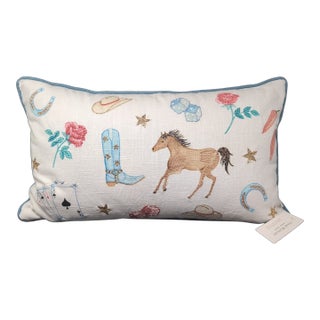 Isaac Mizrahi Western Throw Pillow White/Blue Horse Boot Cowboy Hat New NWT For Sale