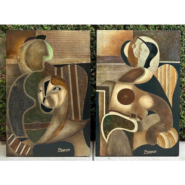 Pair Mid-Century Picasso-Style Carved & Gilded Wood Panels Attributed to Enrico Baj For Sale - Image 14 of 18