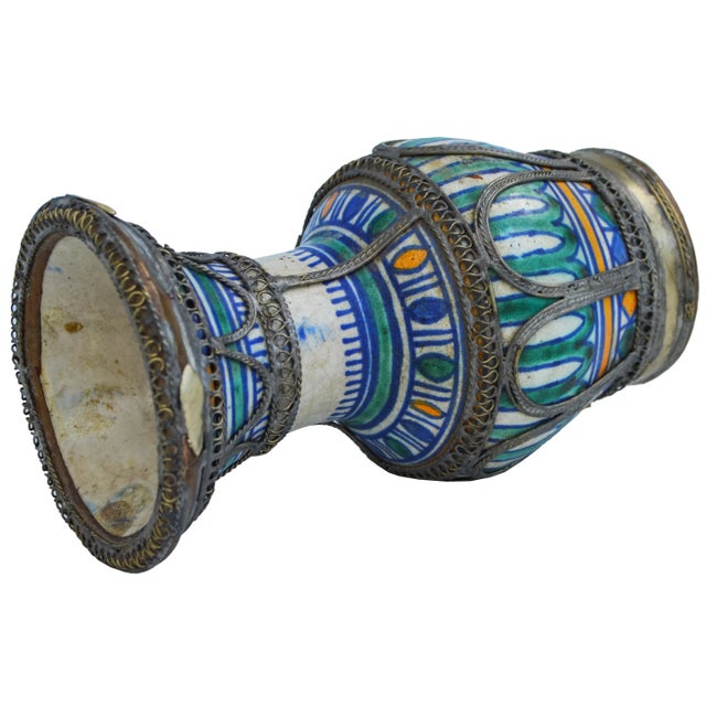 1900 - 1909 Antique Moroccan Ceramic Vase With Filigree For Sale - Image 5 of 6