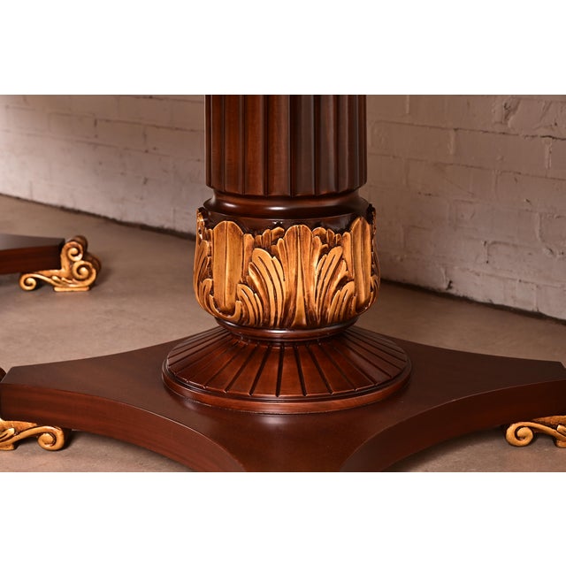 Karges Furniture Style Italian Neoclassical Inlaid Burl Wood and Parcel Gilt Extension Dining Table, Newly Refinished For Sale - Image 13 of 16