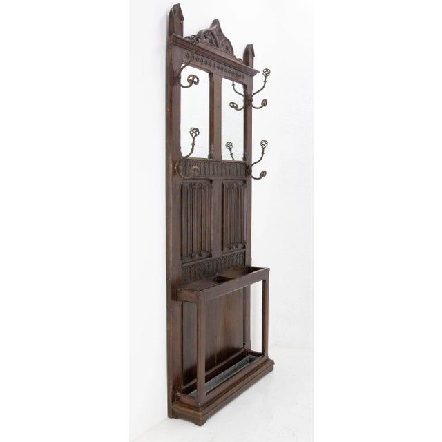 Mid-Century French Gothic Oak Coat Rack Hat with Mirrors For Sale - Image 3 of 9