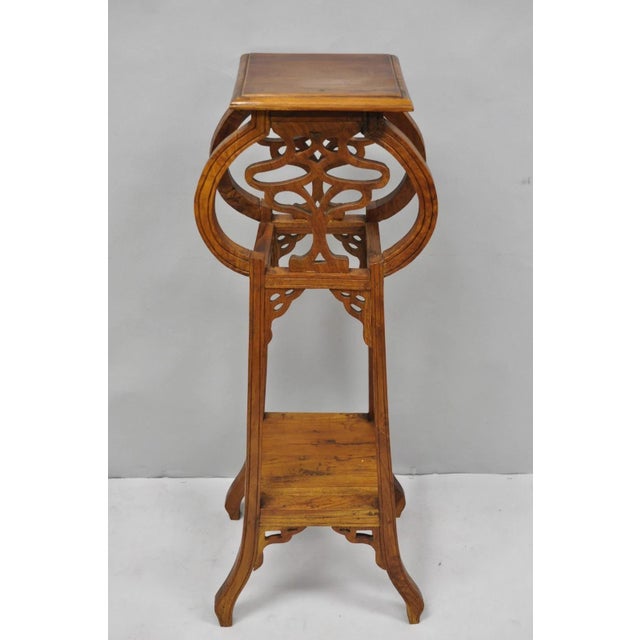 Art Nouveau Vintage French Art Nouveau Style Carved Teak Pedestal Plant Stand Side Table For Sale - Image 3 of 18