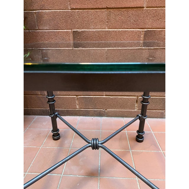 Vintage Giacometti Style Wrought Iron Side Table With Thick Glass Top For Sale - Image 4 of 7