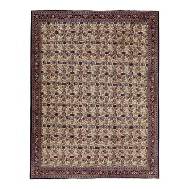 Antique Persian Tehran Handmade Multicolor Floral Pattern Beige Rug For Sale