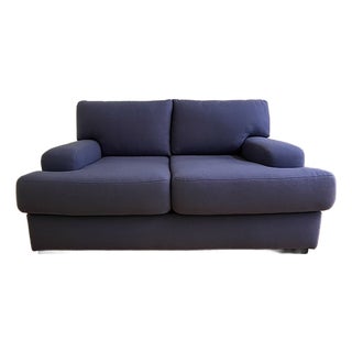 Custom Modern Upholstered Loveseat in Italian Blue Felted Wool With Luggage Stitching For Sale