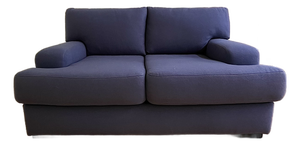 Custom Modern Upholstered Loveseat in Italian Blue Felted Wool With Luggage Stitching