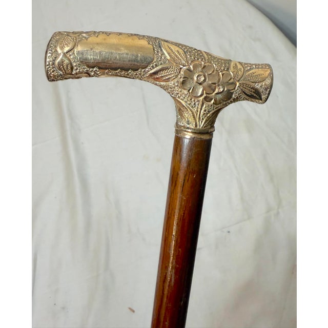 Yellow Antique 19th Century Victorian Chased Yellow Gold Filled Wood Walking Stick Cane For Sale - Image 8 of 13