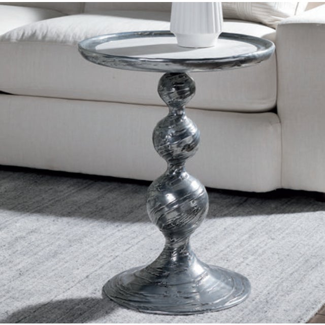 Sculptural base clad in zinc, with gray Scagliola stone inset top. The intentional impasto of the zinc texture creates an...