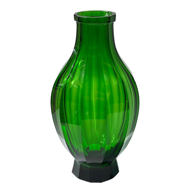 Vintage Facet Cut Emerald Green Czech Art Glass Vase For Sale