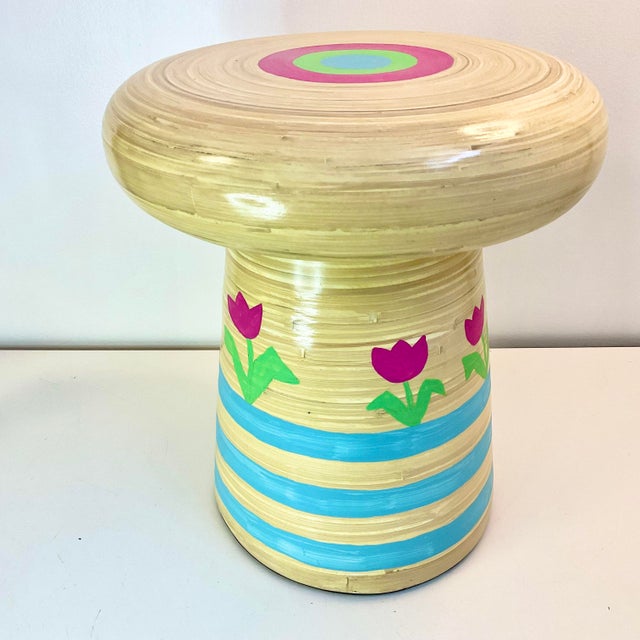 Vintage Boho Chic Bamboo Mushroom Garden Stool-Drinks Table - Hand Painted, Signed Jen Lee. For Sale - Image 10 of 10