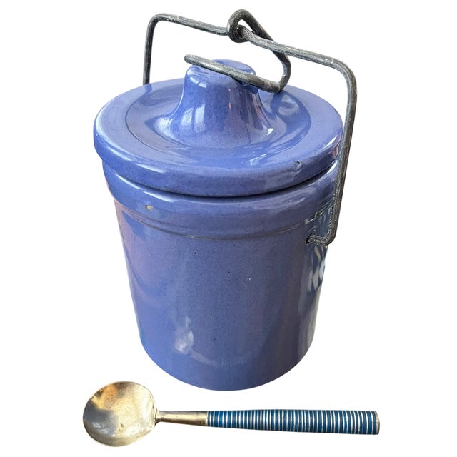 Charming vintage French Country-style ceramic canister in a rich periwinkle blue glaze, complete with its fitted lid,...