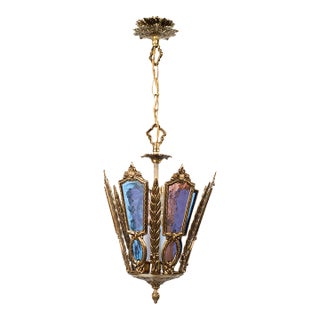 1960s Spanish Gothic Brass 3-Light Lantern With Multi-Color Stained Cathedral Glass For Sale