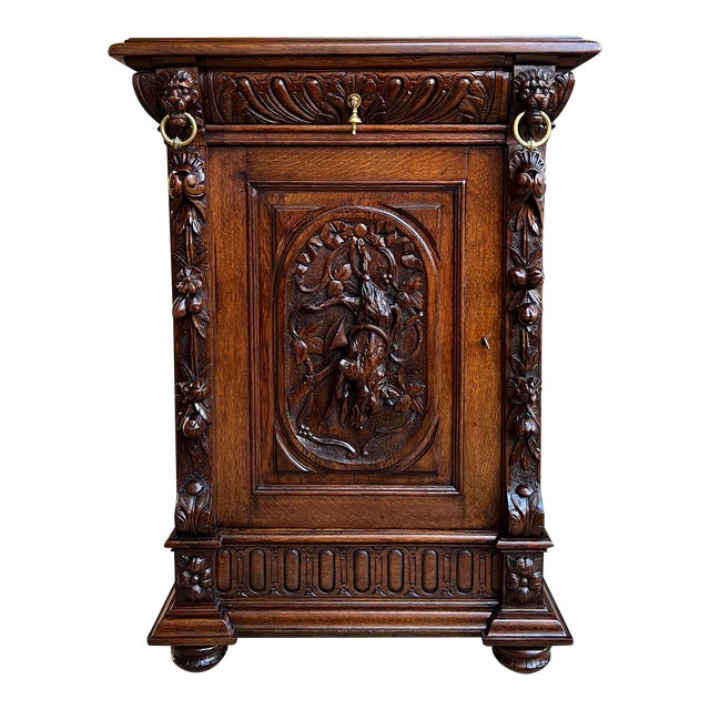 19th Century French Carved Oak Hunt Cabinet Confiturier Liquor Bar Black Forest Fox For Sale