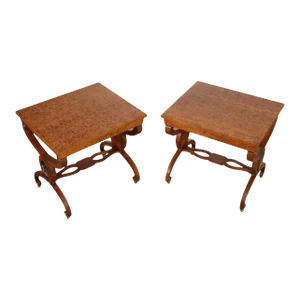 Mid 20th Century Neoclassical Style Burlwood Medallion Side Tables - A Pair