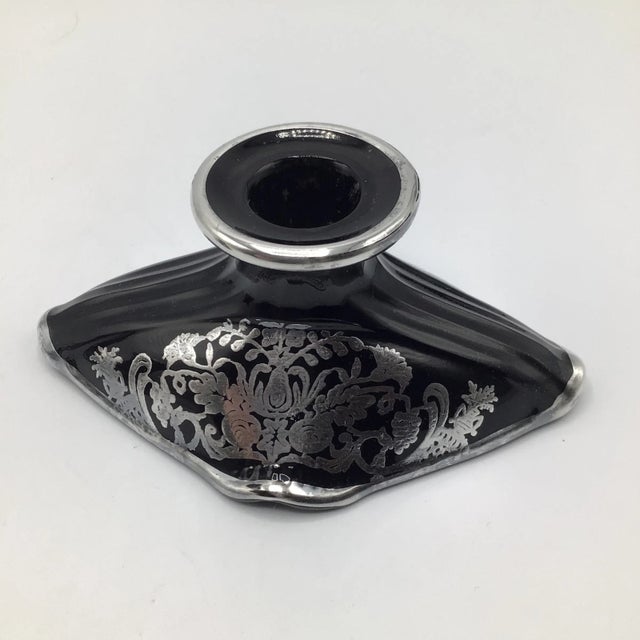 Early 20th Century Rockwell Floral Sterling Silver Black Amethyst Footed Glass Bowl and Pair of Candle Holders-Set of 3 For Sale - Image 9 of 13