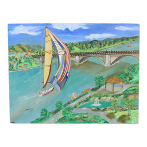 Vintage Folk Art Oil on Canvas of a Riverside Village and Sailboat