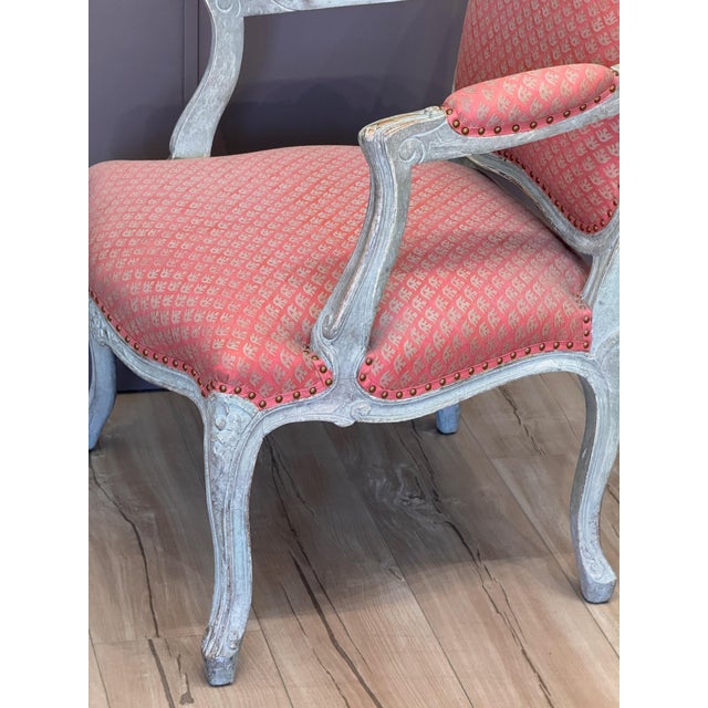 Pair of Late 18th C. French Fauteuils in Fortuny Fabric For Sale - Image 9 of 14